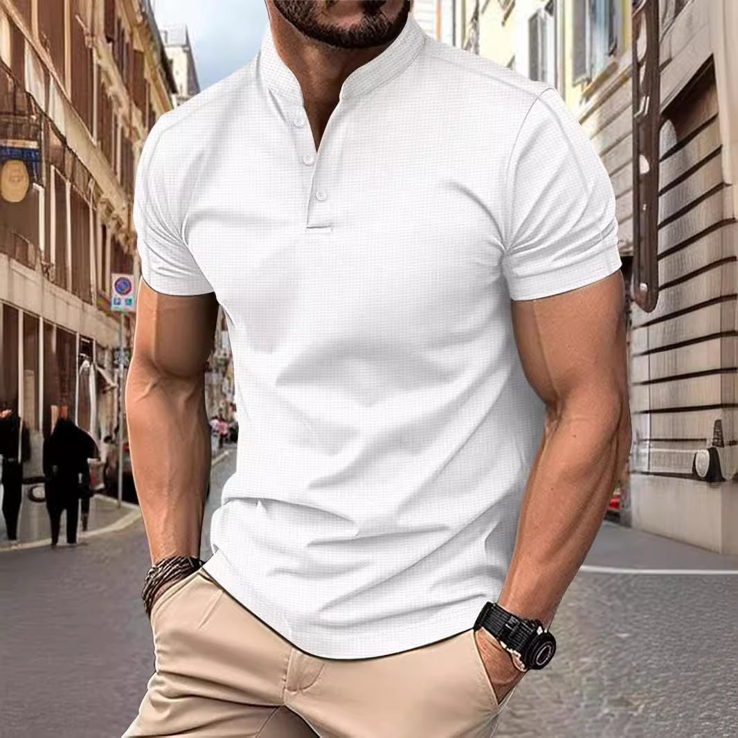wholesale henry neck men's t shirt soft cotton blend three buttons collar top short sleeve casual t shirts