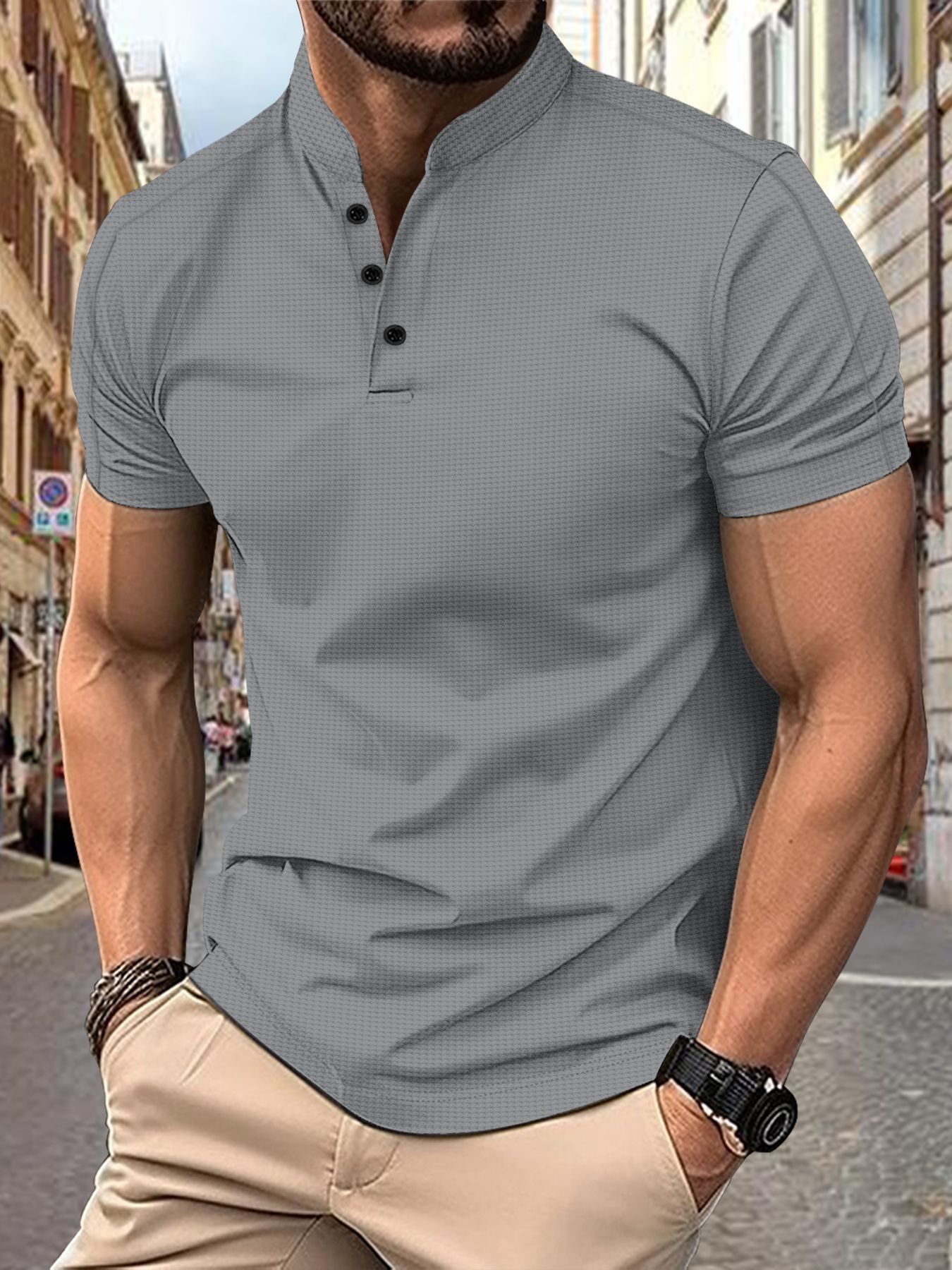 wholesale henry neck men's t shirt soft cotton blend three buttons collar top short sleeve casual t shirts