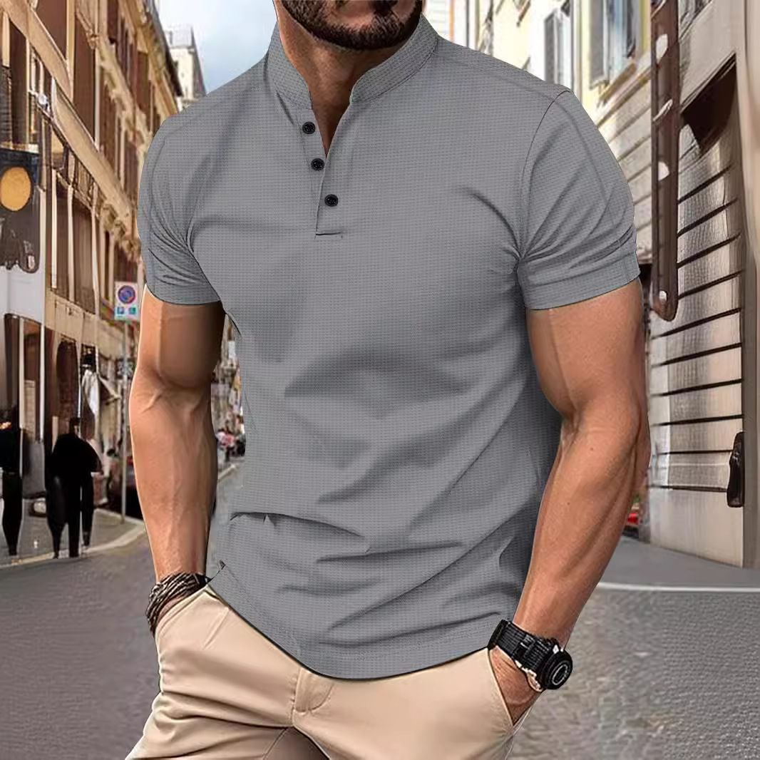 wholesale henry neck men's t shirt soft cotton blend three buttons collar top short sleeve casual t shirts