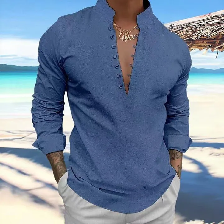 New men's retro cotton and linen casual shirt standing collar long sleeve shirt MEN SHIRTS