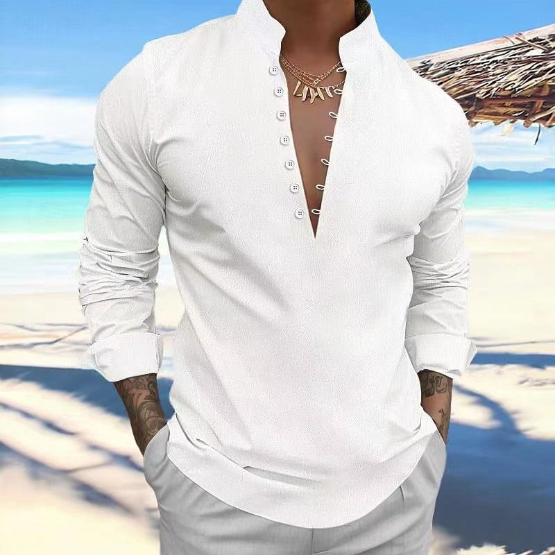 New men's retro cotton and linen casual shirt standing collar long sleeve shirt MEN SHIRTS