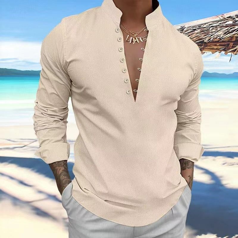 New men's retro cotton and linen casual shirt standing collar long sleeve shirt MEN SHIRTS