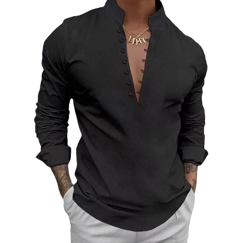 New men's retro cotton and linen casual shirt standing collar long sleeve shirt MEN SHIRTS