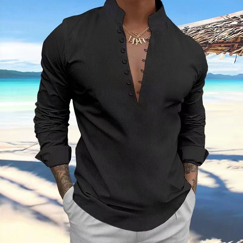 New men's retro cotton and linen casual shirt standing collar long sleeve shirt MEN SHIRTS