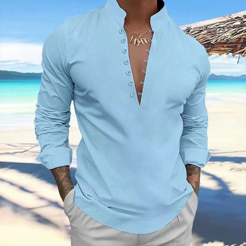 New men's retro cotton and linen casual shirt standing collar long sleeve shirt MEN SHIRTS