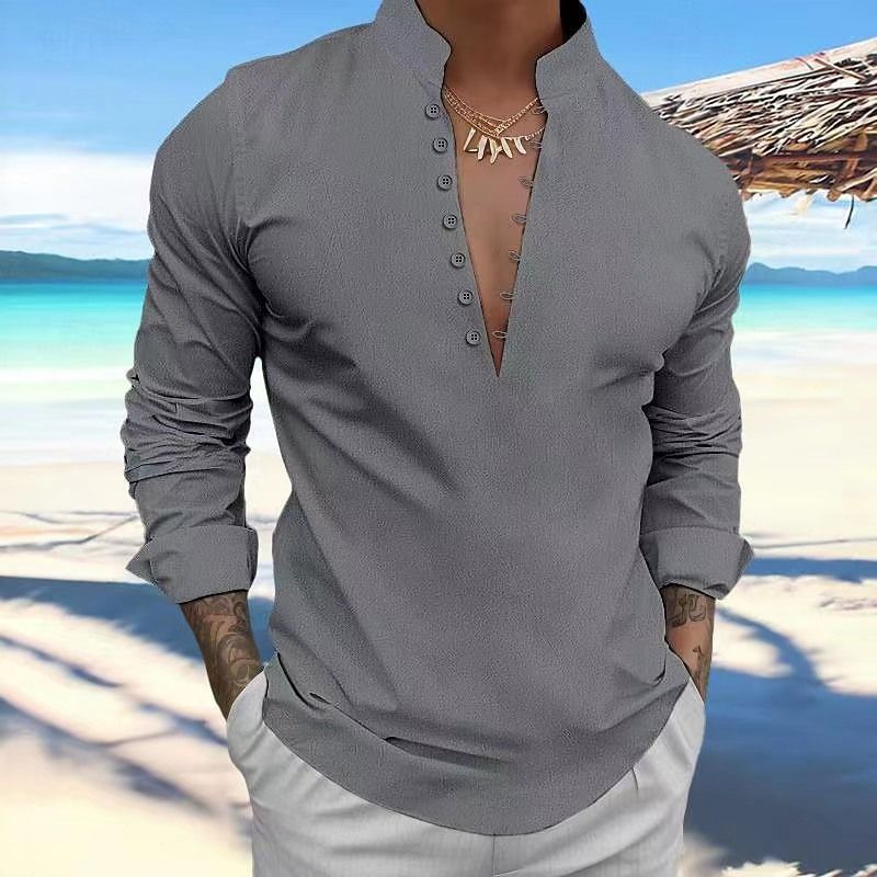 New men's retro cotton and linen casual shirt standing collar long sleeve shirt MEN SHIRTS