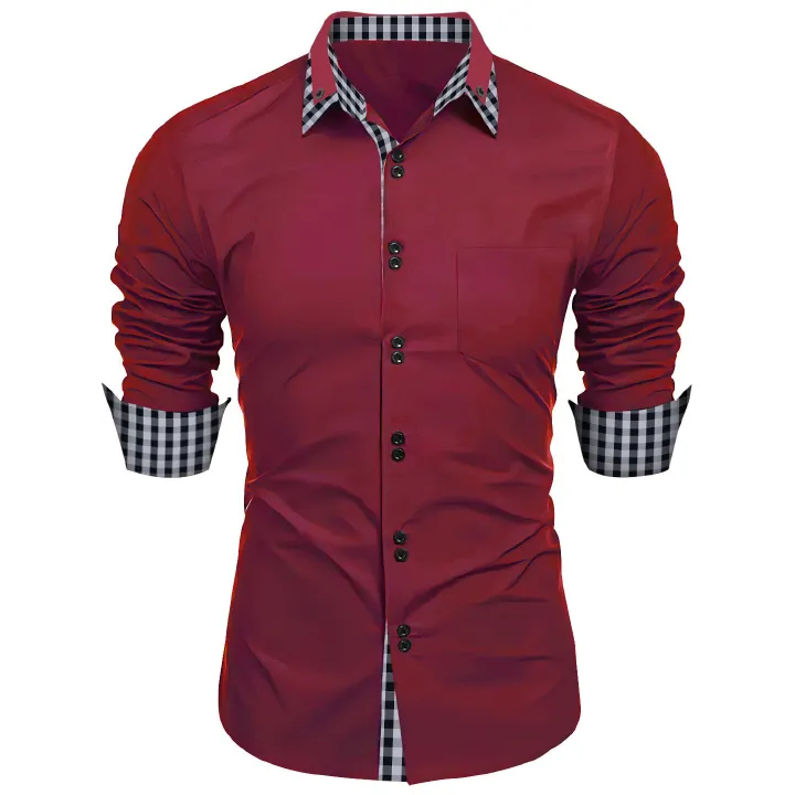 new fashion men's spring and autumn men's fashion plaid color matching slim casual shirt long sleeve shirt