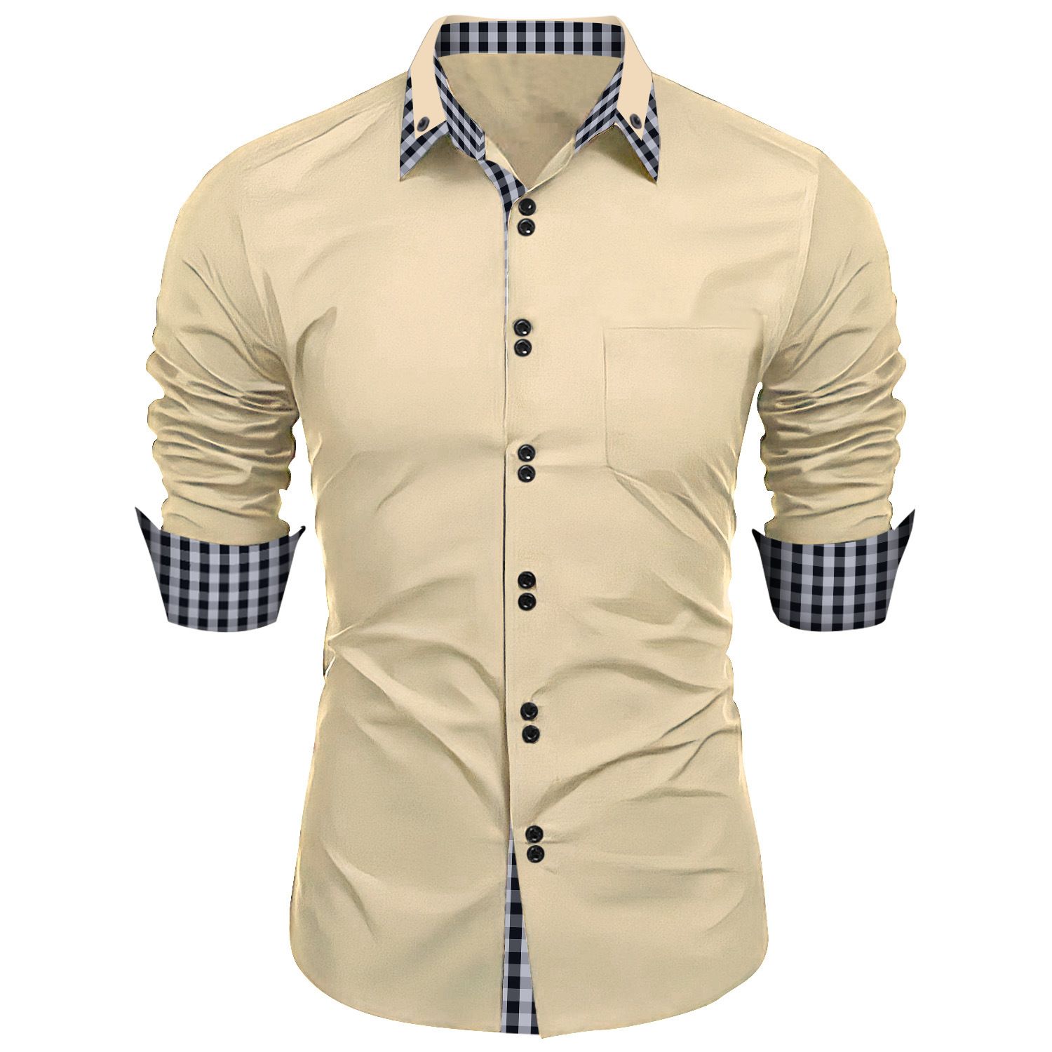 new fashion men's spring and autumn men's fashion plaid color matching slim casual shirt long sleeve shirt