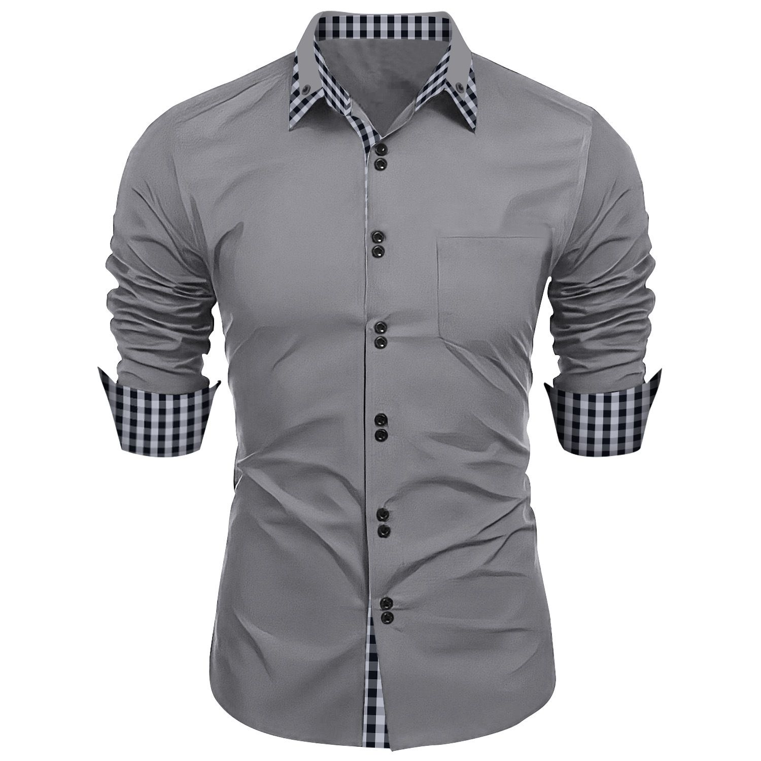 new fashion men's spring and autumn men's fashion plaid color matching slim casual shirt long sleeve shirt