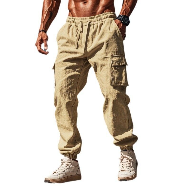 Cargo pants casual men's large size drawstring multi-pocket wide tube bunched mouth thin cotton linen men's pants summer  Casual