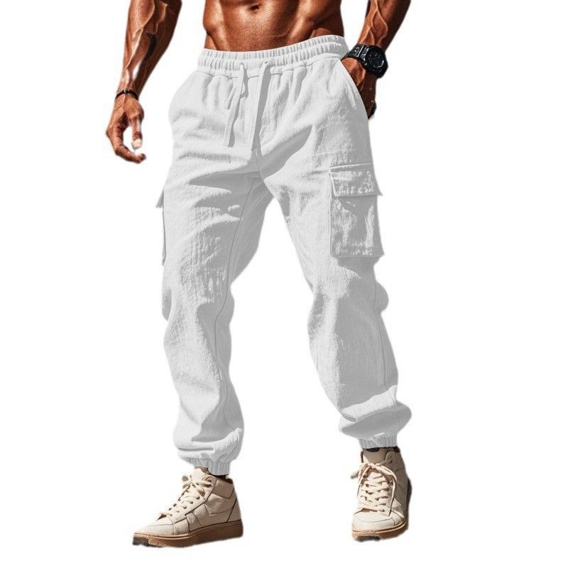 Cargo pants casual men's large size drawstring multi-pocket wide tube bunched mouth thin cotton linen men's pants summer  Casual