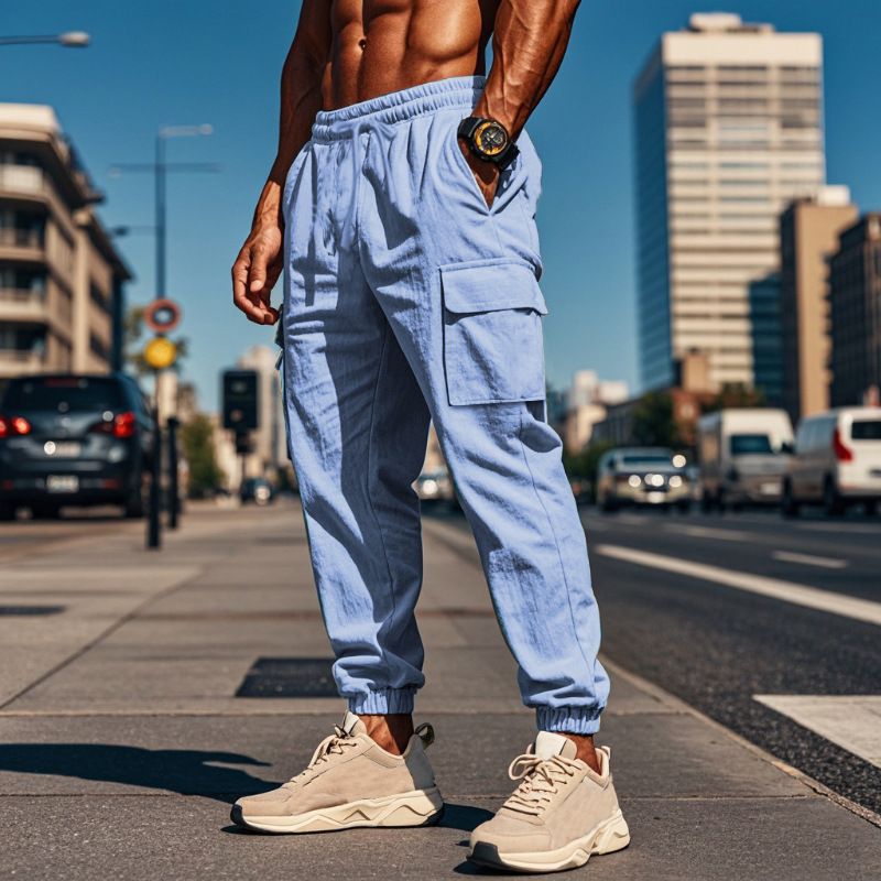 Cargo pants casual men's large size drawstring multi-pocket wide tube bunched mouth thin cotton linen men's pants summer  Casual