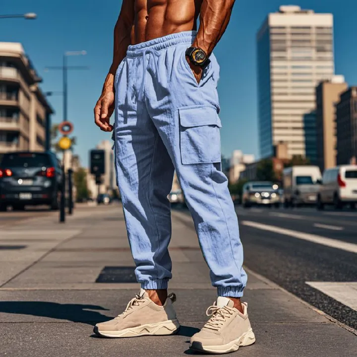 Cargo pants casual men's large size drawstring multi-pocket wide tube bunched mouth thin cotton linen men's pants summer  Casual
