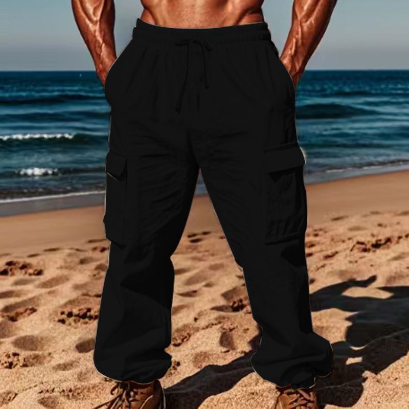 Cargo pants casual men's large size drawstring multi-pocket wide tube bunched mouth thin cotton linen men's pants summer  Casual