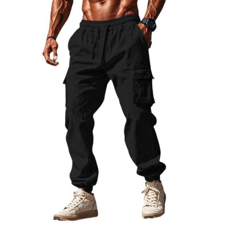 Cargo pants casual men's large size drawstring multi-pocket wide tube bunched mouth thin cotton linen men's pants summer  Casual