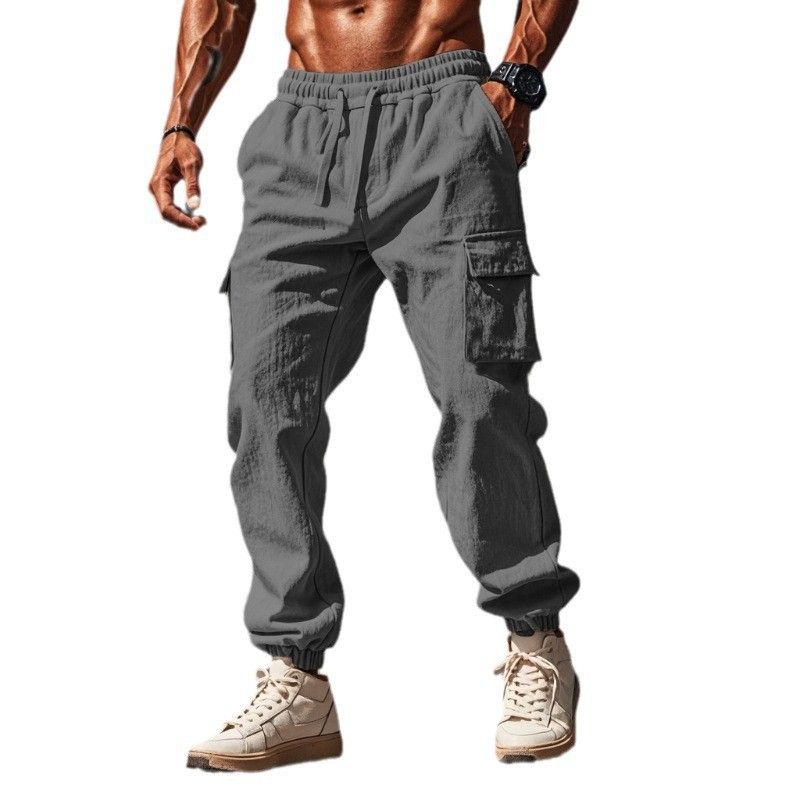 Cargo pants casual men's large size drawstring multi-pocket wide tube bunched mouth thin cotton linen men's pants summer  Casual