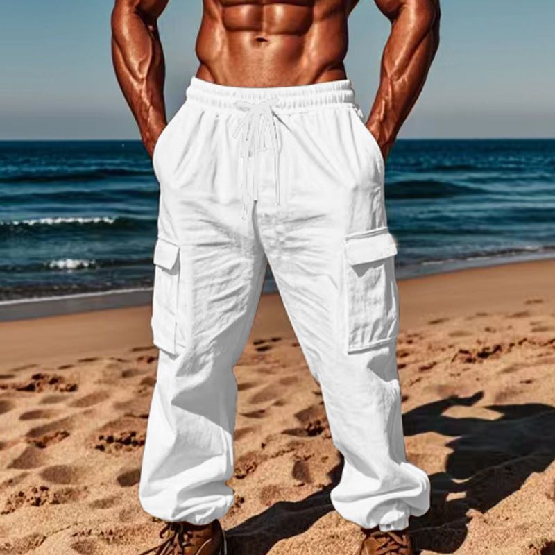 Cargo pants casual men's large size drawstring multi-pocket wide tube bunched mouth thin cotton linen men's pants summer  Casual