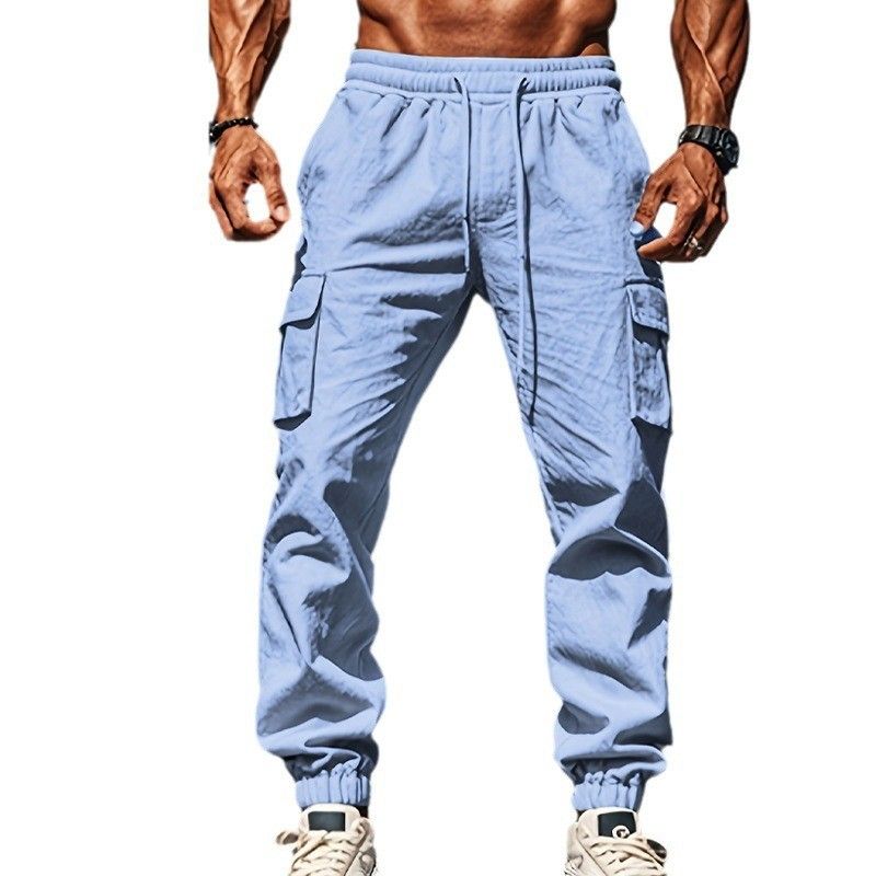 Cargo pants casual men's large size drawstring multi-pocket wide tube bunched mouth thin cotton linen men's pants summer  Casual