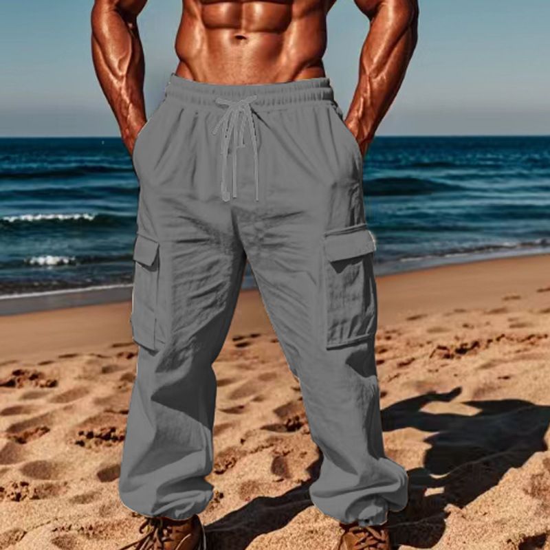 Cargo pants casual men's large size drawstring multi-pocket wide tube bunched mouth thin cotton linen men's pants summer  Casual