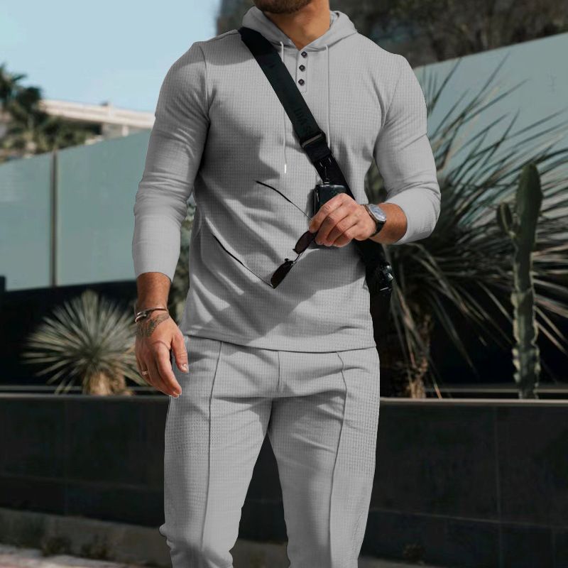 New men's casual suit outdoor Waffle European and American hooded solid color long sleeved pants set for menTwo-Piece Outfits