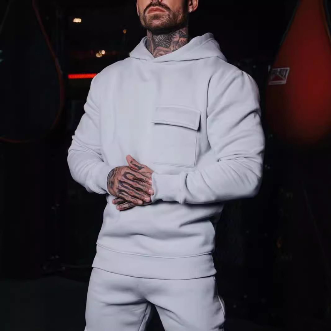 Men's new fashion casual patch pocket faux cotton large size hooded pullover sweater