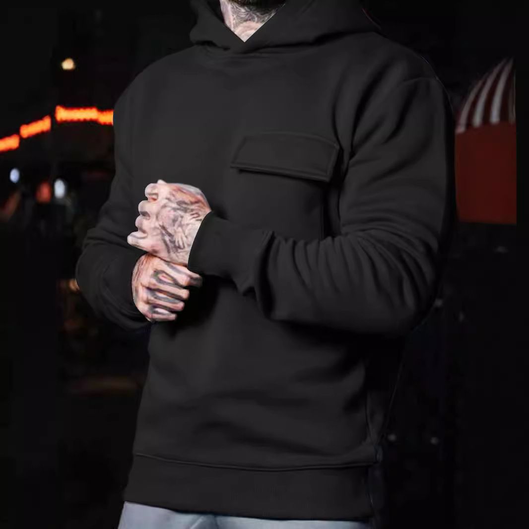 Men's new fashion casual patch pocket faux cotton large size hooded pullover sweater