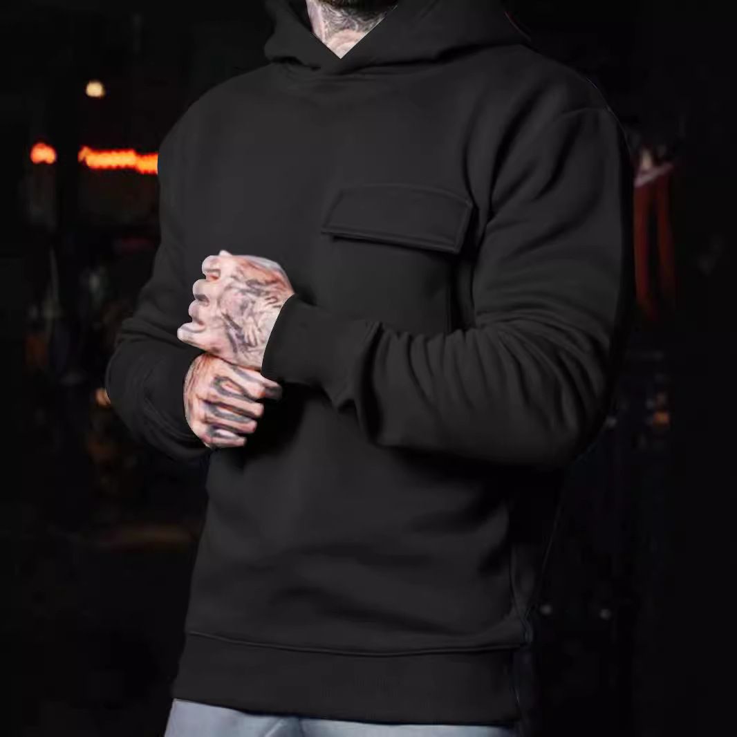 Men's new fashion casual patch pocket faux cotton large size hooded pullover sweater