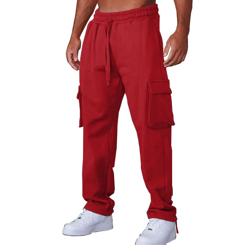 Custom Design Multi Pockets Drawstring Bottom Men's Fleece Sweatpants Cargo Pants  Casual