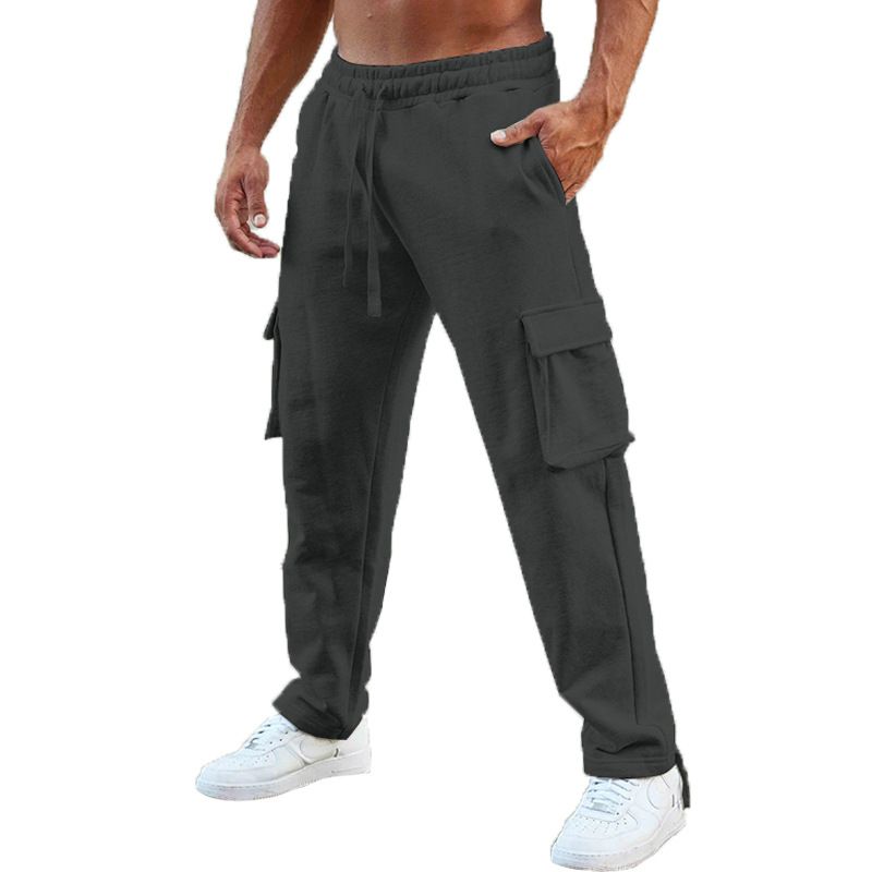 Custom Design Multi Pockets Drawstring Bottom Men's Fleece Sweatpants Cargo Pants  Casual