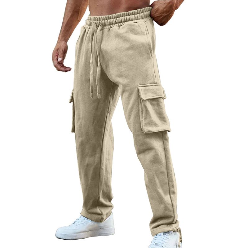 Custom Design Multi Pockets Drawstring Bottom Men's Fleece Sweatpants Cargo Pants  Casual