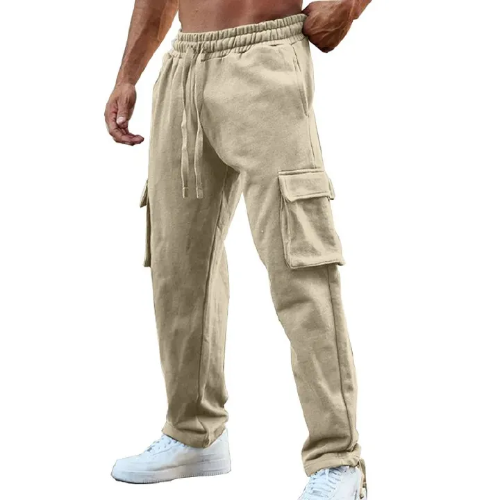 Custom Design Multi Pockets Drawstring Bottom Men's Fleece Sweatpants Cargo Pants  Casual