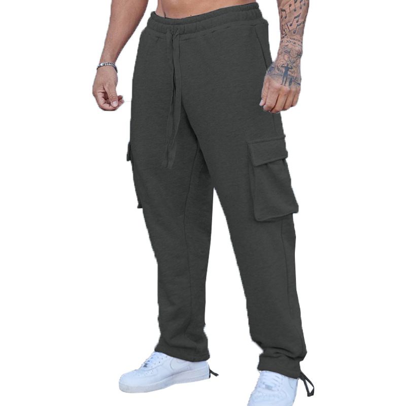 Custom Design Multi Pockets Drawstring Bottom Men's Fleece Sweatpants Cargo Pants  Casual