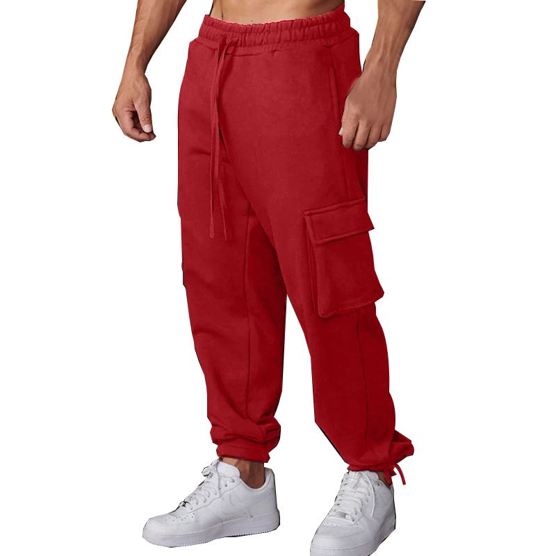 Custom Design Multi Pockets Drawstring Bottom Men's Fleece Sweatpants Cargo Pants  Casual