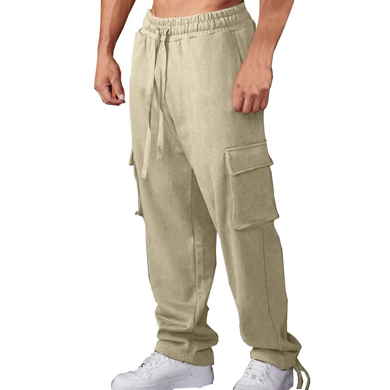 Custom Design Multi Pockets Drawstring Bottom Men's Fleece Sweatpants Cargo Pants  Casual