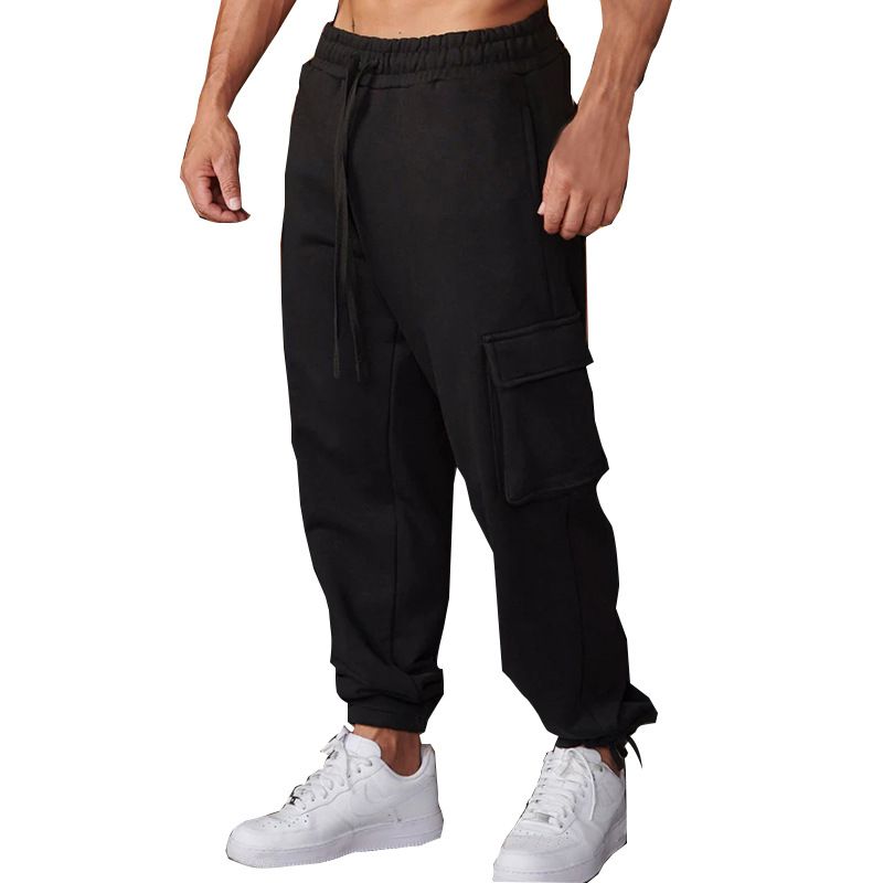 Custom Design Multi Pockets Drawstring Bottom Men's Fleece Sweatpants Cargo Pants  Casual