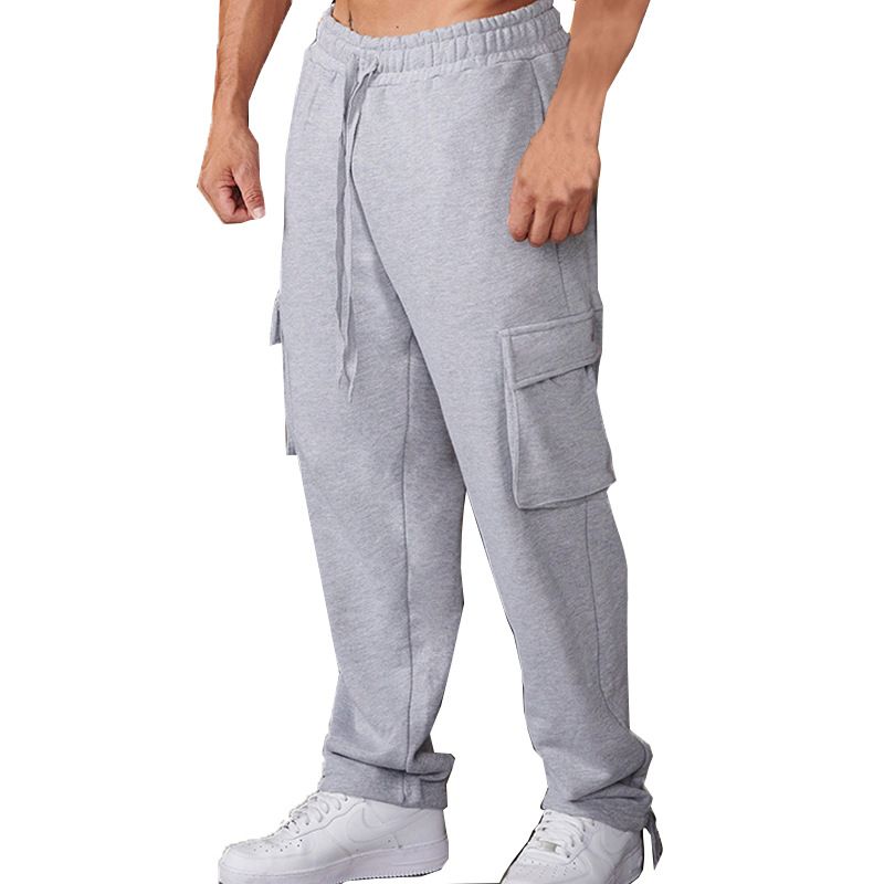 Custom Design Multi Pockets Drawstring Bottom Men's Fleece Sweatpants Cargo Pants  Casual