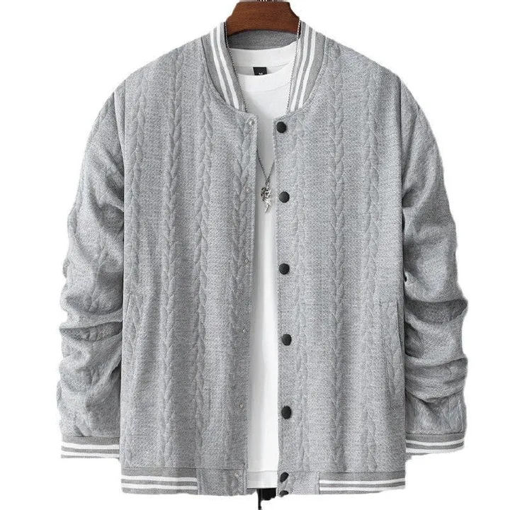 Men's baseball jersey knitted heavyweight jacquard stand up collar casual off shoulder single button jacket for men Coats