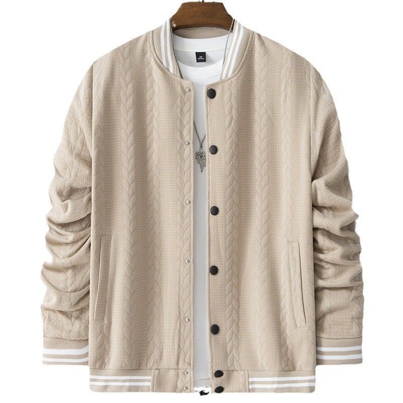 Men's baseball jersey knitted heavyweight jacquard stand up collar casual off shoulder single button jacket for men Coats