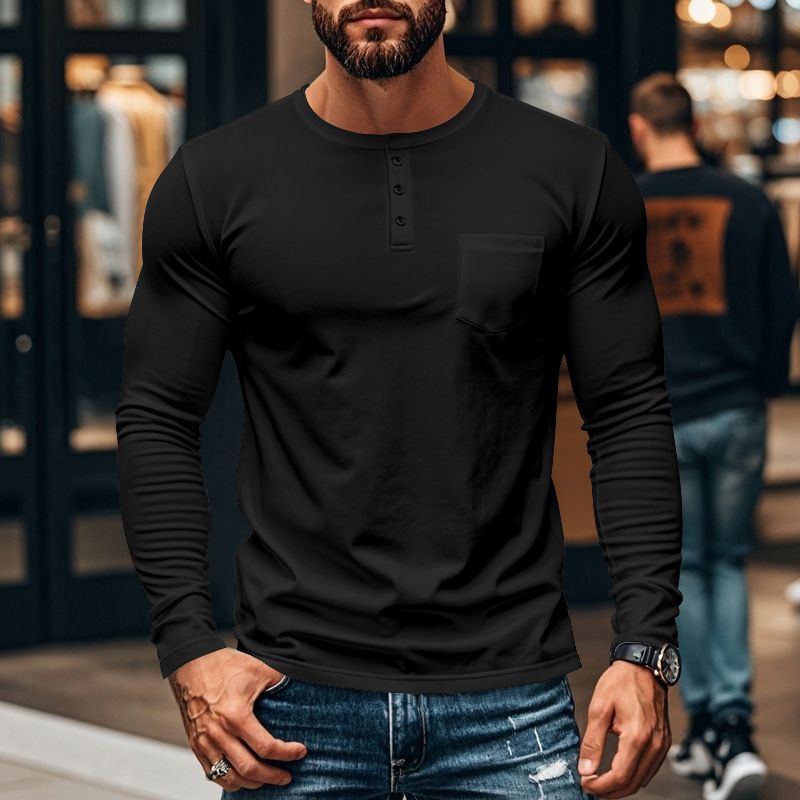 European and American men's long sleeve autumn and winter top round neck T-shirt slim fit breathable pullover casual base shirt  T-Shirts
