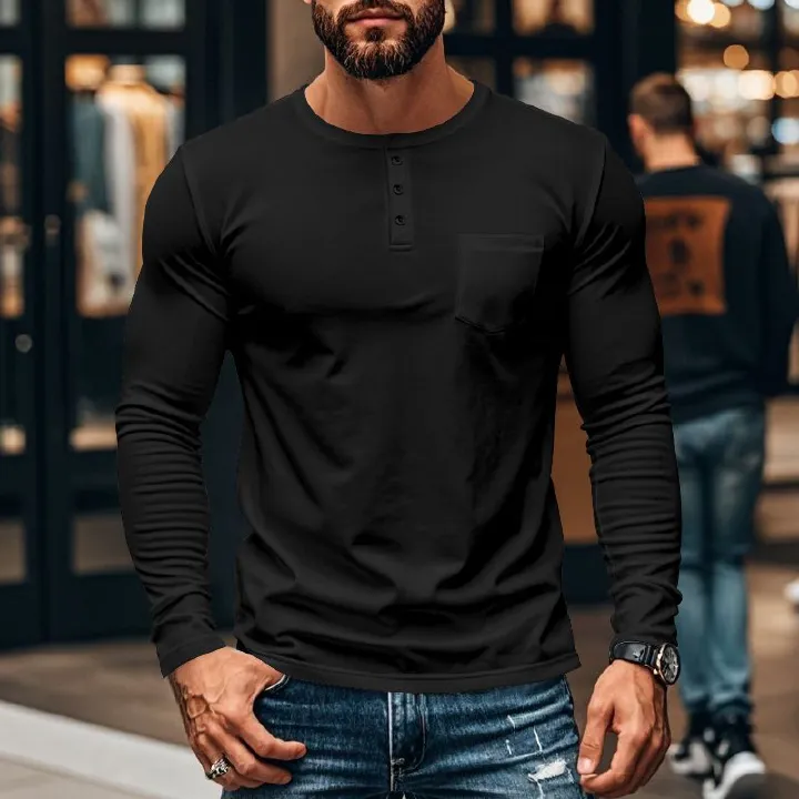 European and American men's long sleeve autumn and winter top round neck T-shirt slim fit breathable pullover casual base shirt  T-Shirts