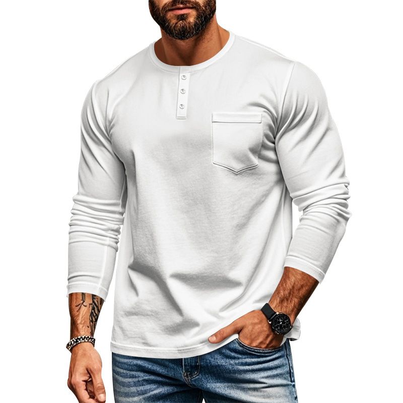 European and American men's long sleeve autumn and winter top round neck T-shirt slim fit breathable pullover casual base shirt  T-Shirts
