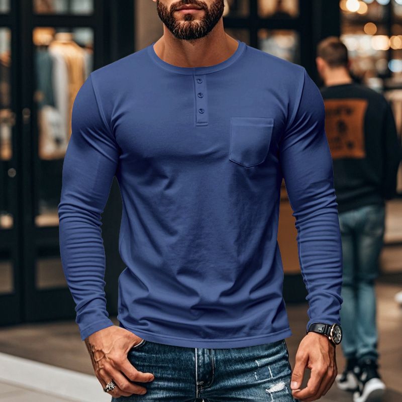 European and American men's long sleeve autumn and winter top round neck T-shirt slim fit breathable pullover casual base shirt  T-Shirts