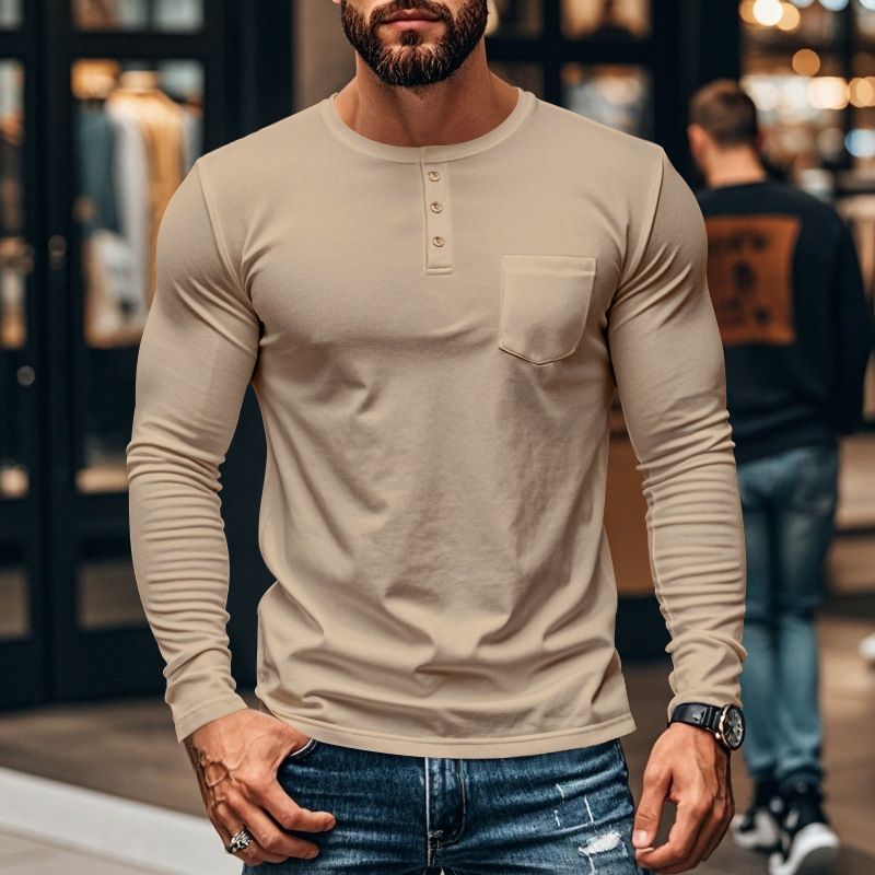 European and American men's long sleeve autumn and winter top round neck T-shirt slim fit breathable pullover casual base shirt  T-Shirts