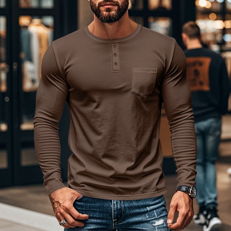 European and American men's long sleeve autumn and winter top round neck T-shirt slim fit breathable pullover casual base shirt  T-Shirts