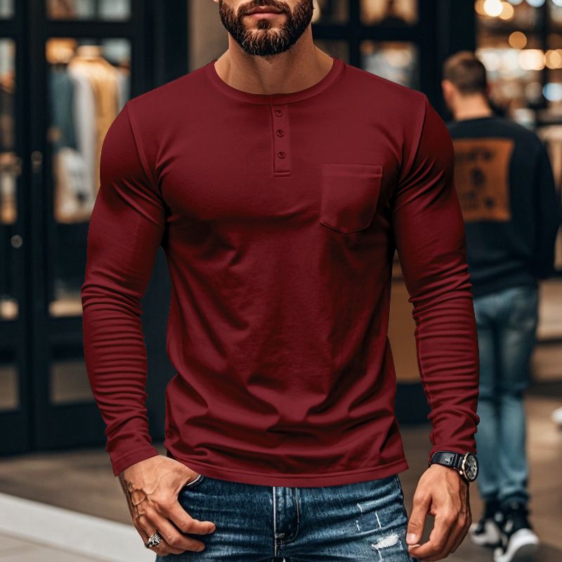 European and American men's long sleeve autumn and winter top round neck T-shirt slim fit breathable pullover casual base shirt  T-Shirts