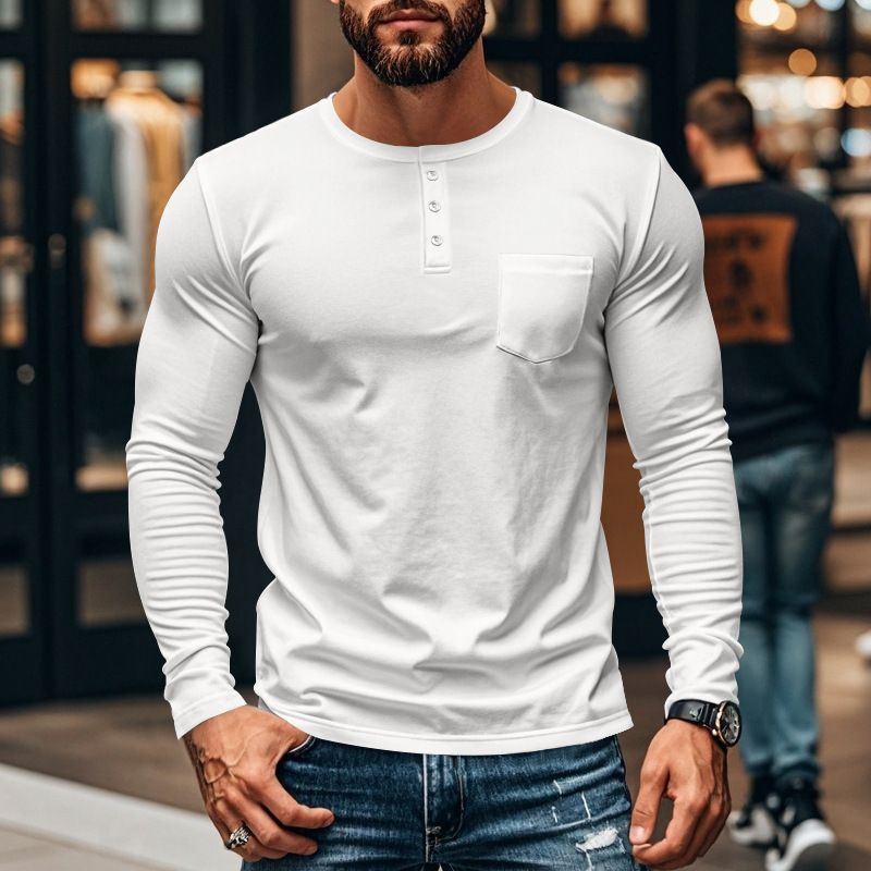 European and American men's long sleeve autumn and winter top round neck T-shirt slim fit breathable pullover casual base shirt  T-Shirts