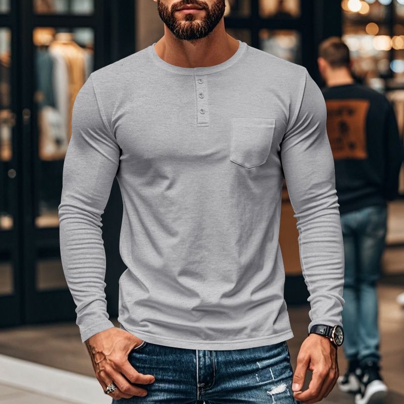European and American men's long sleeve autumn and winter top round neck T-shirt slim fit breathable pullover casual base shirt  T-Shirts