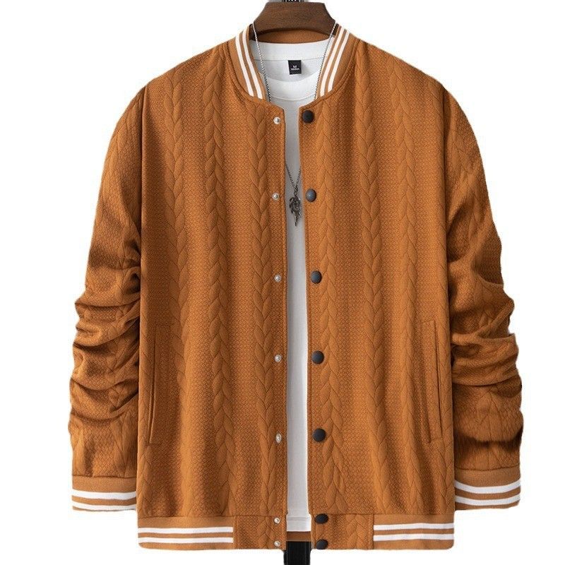 Men's baseball jersey knitted heavyweight jacquard stand up collar casual off shoulder single button jacket for men Coats