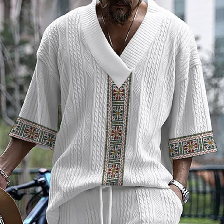 Hot-selling men's summer casual V-neck two-piece custom printed V-neck short-sleeved T-shirt shirt shorts men T-Shirts