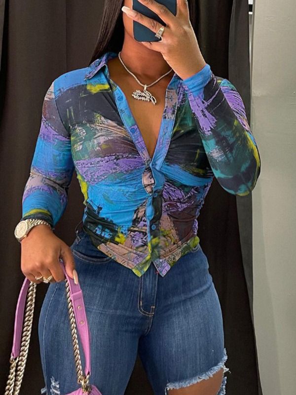 Ladies' sexy top with tight fitting and slimming temperamentLadies' sexy top with tight fitting and slimming temperamentHO Fashion Sexy Color Long Sleeve Button Deep V Spice Girl Top T-Shirts